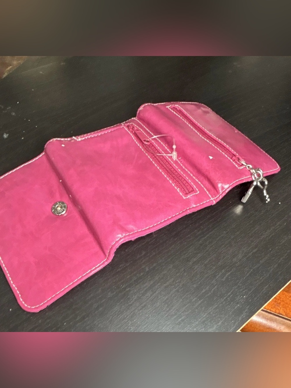 Hot Pink Faux Leather Trifold Wallet with Zipper Pockets - Picture 3 of 9